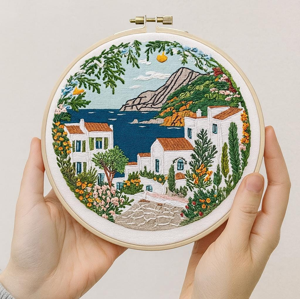 DIY Mediterranean Coastal Village Hand Embroidery Kit