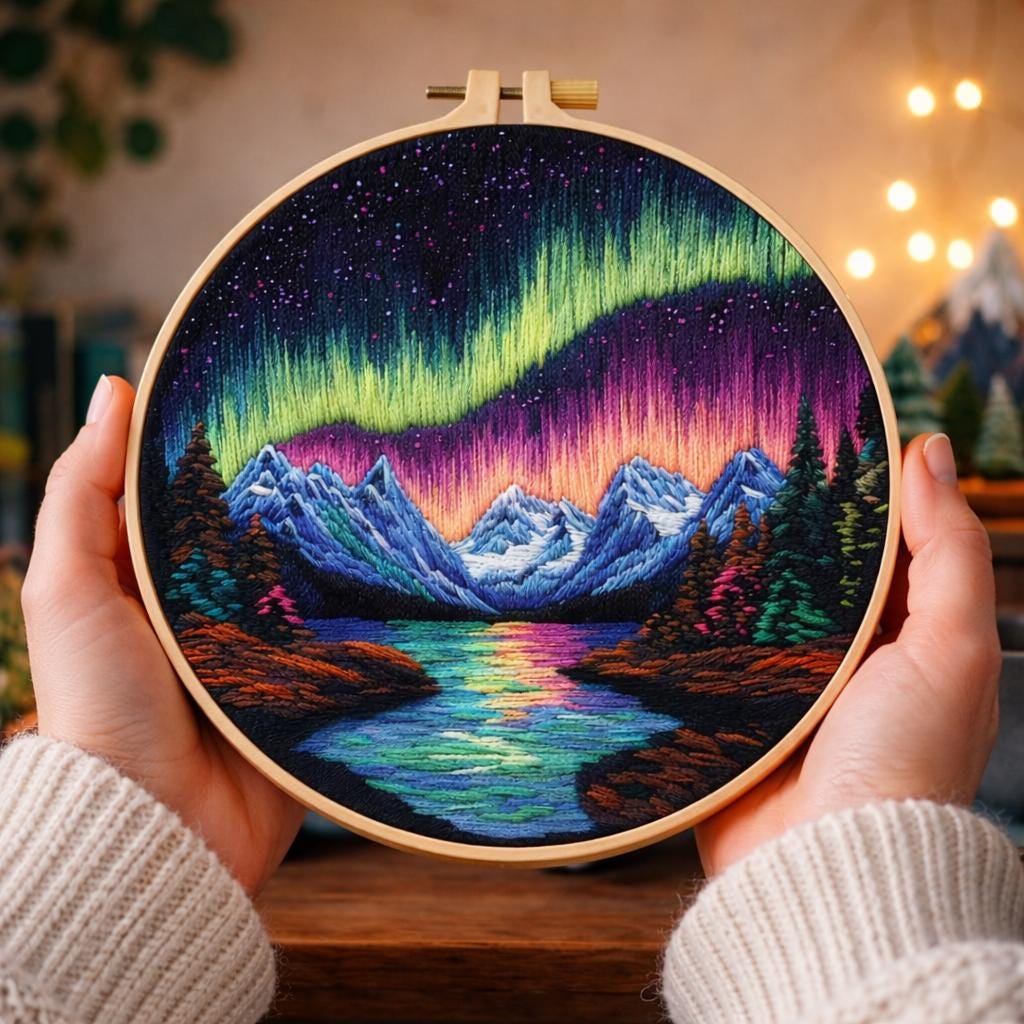 DIY Aurora Mountain Landscape Hand Embroidery Kit