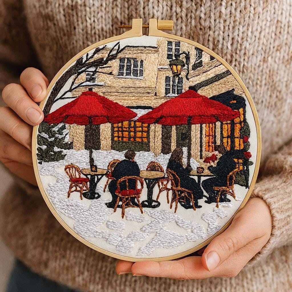 DIY Café Scene Hand Embroidery Kit with